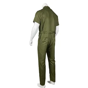 Back view of professional men's army green utility jumpsuit with short sleeves and waist belt