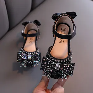 Elegant black girls rhinestone princess shoes with large bow for dance and performance