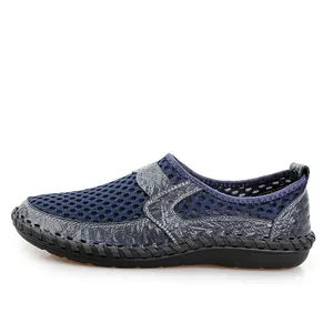 Men's breathable navy blue mesh slip-on casual loafers with textured trim