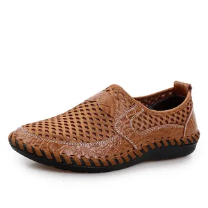 Breathable brown mesh men's slip-on loafers with textured leather trim for summer