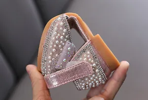 Highly flexible pink princess shoes for girls decorated with elegant pearls and rhinestones