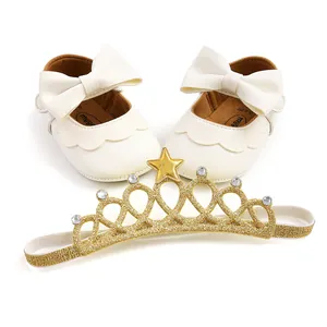 White PU leather baby princess shoes with bow and gold glitter crown headband set
