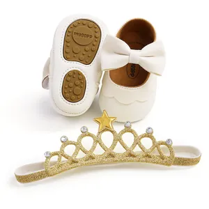 Soft white PU baby princess shoes with bow and gold glitter star crown headband