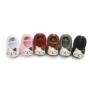 Soft fuzzy baby walking shoes with cute cat embroidery available in six assorted colors