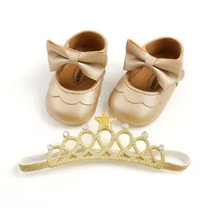 Gold PU leather baby girls princess shoes with bow and matching glitter crown headband