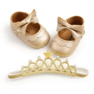 Gold infant princess shoes with butterfly bow and matching glitter crown headband
