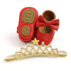 Red PU baby princess shoes with bow and gold glitter star crown headband detail view