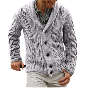 Men's gray cable knit shawl collar cardigan sweater with buttons for casual winter wear