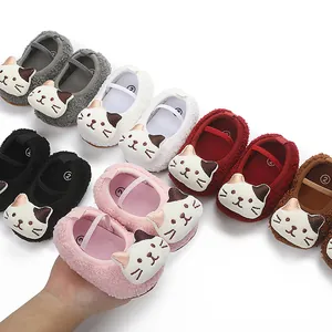 Soft fleece baby walking shoes featuring cute cartoon cat designs in various vibrant colors