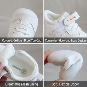 White baby toddler walking shoes with soft sole and velcro closure