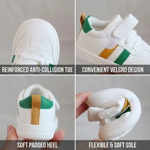 Durable white toddler leather sneakers with anti-collision toe and flexible soft sole