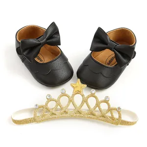 Elegant black baby PU leather princess shoes with bow and golden glitter crown headband set