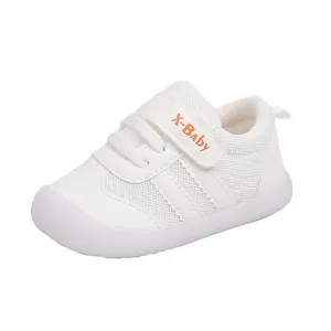 Comfortable white toddler soft sole walking shoes with breathable mesh and Velcro strap