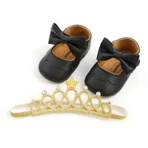 Elegant black PU baby princess shoes with bow and a gold glittery star crown headband