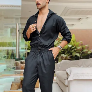 Premium men's black long sleeve jumpsuit featuring a lapel collar and elastic waist design.