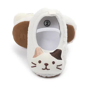 Cozy white fleece baby shoes with cute cat embroidery and soft non-slip soles.