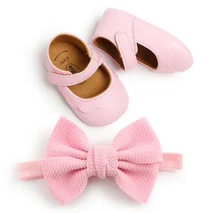 Infant pink PU leather Mary Jane walking shoes and matching textured bow headband set