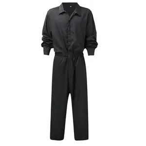 Full front view of a black men's long-sleeve jumpsuit with lapel and elastic waist