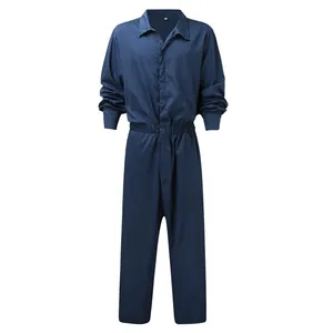 Detail view of a navy blue long-sleeve men's jumpsuit with lapel and elastic waist