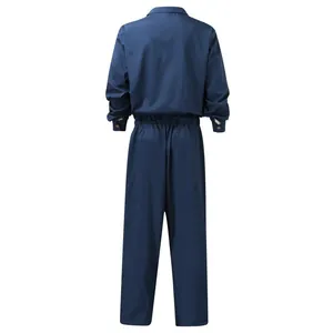 Professional rear view of navy blue long sleeve mens jumpsuit with elastic waist