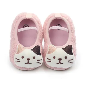 Pink fuzzy baby walking shoes with cute cat face embroidery for 0-1 year olds