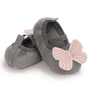 Soft sole grey baby girl pre-walker shoes with cute pink butterfly decorative detail