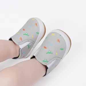 Close-up of baby canvas shoes featuring colorful dinosaur print and white toe cap
