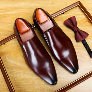 Men's Business Formal Cowhide Leather Shoes Pointed Toe Slip-On Loafers Breathable Non-Slip Dress Shoes For Office Banquet