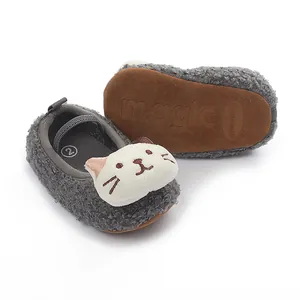Grey fleece baby walker shoes with cute white cartoon cat design and anti-slip sole