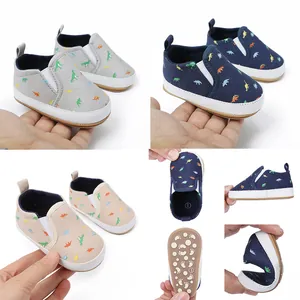 Baby Prewalker Shoes Anti-Slip Soft Sole Infant First Walker Dinosaur Pattern Cotton Canvas Slip-On Toddler Crib Shoes