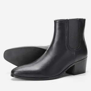 Schwarze Chelsea-Boots für Herren aus Leder mit Blockabsatz und feiner spitzer Kappe