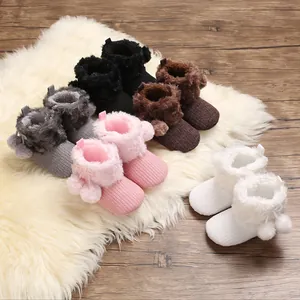 Infant Baby First Walkers Knitted Cotton Snow Boots Fleece Lined Winter Warm Soft Sole Pom Pom Toddler Shoes For Boys Girls