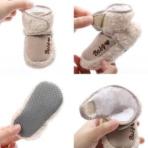 Detailed views of baby winter boots showing warm fleece lining and non-slip soles
