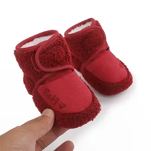 Cozy red winter baby booties with fleece lining and Baby embroidery for 0-1 year infants