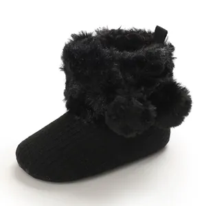 Cute black baby princess boots with fuzzy fur pom-poms for 0-1 year old girls