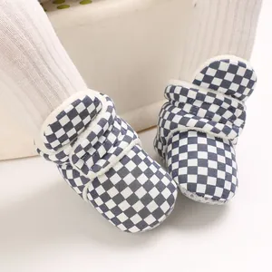 Soft sole baby winter fleece boots with blue checkered pattern for infants 0-1 year old