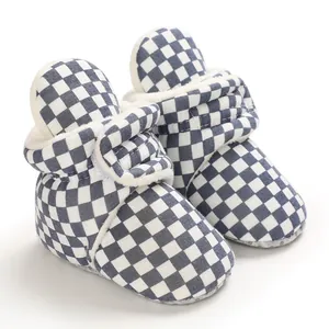 Blue and white checkerboard baby winter boots with soft fleece lining