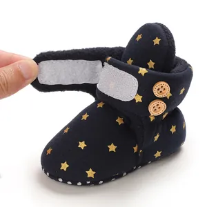 Close-up detail of navy blue baby snow boots with velcro closure and warm fleece lining