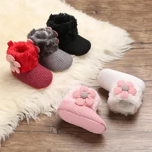 Infant Baby Girl Winter Warm Cotton Shoes Flower Soft Sole First Walkers Faux Fur Lining Princess Anti-slip Boots