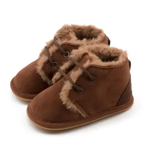 Warme braune Baby-Lauflernschuhe mit Plüschfutter und rutschfester Gummisohle für Winter