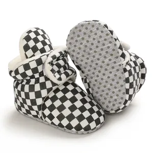Checkerboard pattern baby winter snow boots with warm fleece lining and non-slip soft sole