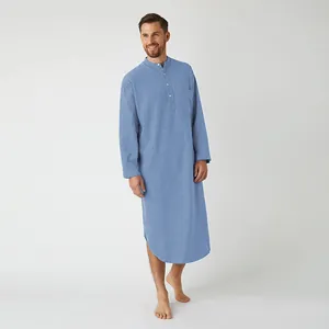 Full view of men's long-sleeved light blue sleepwear robe with button front