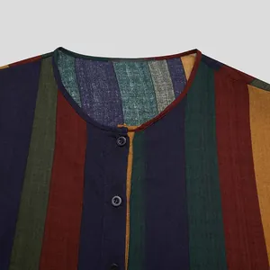 Detail view of retro men's striped long robe featuring round neckline and button closure