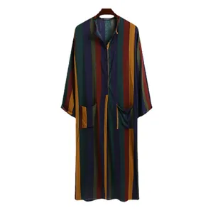 Vintage men's multi-color vertical striped long sleeve kaftan robe with buttoned placket