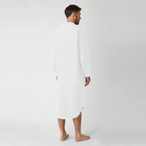 Back view detail of a men's long-sleeved white traditional minimalist robe nightgown