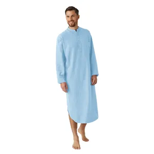 Full view of light blue men's sleep robe with band collar and button-front detailing.