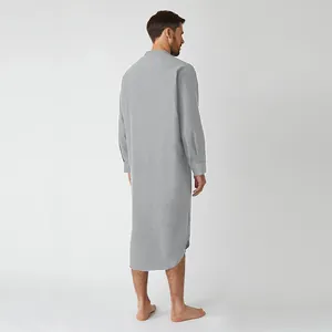 Back view of a comfortable grey long-sleeved nightgown for men with curved hem