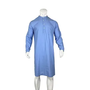 Elegant men's blue long-sleeved thobe nightgown with buttoned collar and chest pocket