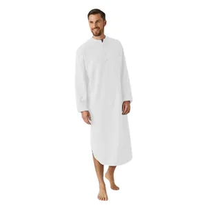 Comfortable white long-sleeved men's nightgown with button collar and casual loose fit