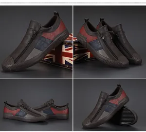 Λεπτομερείς όψεις ανδρικών slip-on παπουτσιών με χρωματιστό patchwork και φερμουάρ